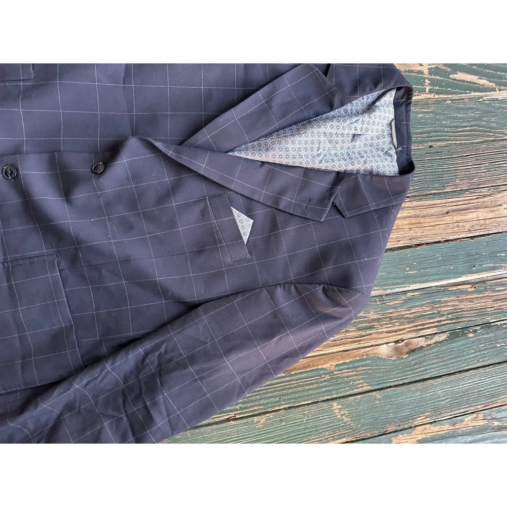 Oak Hill Mens Navy Blue Windowpane Blazer Sport Coat Jacket 2XL 50-52 Big & Tall